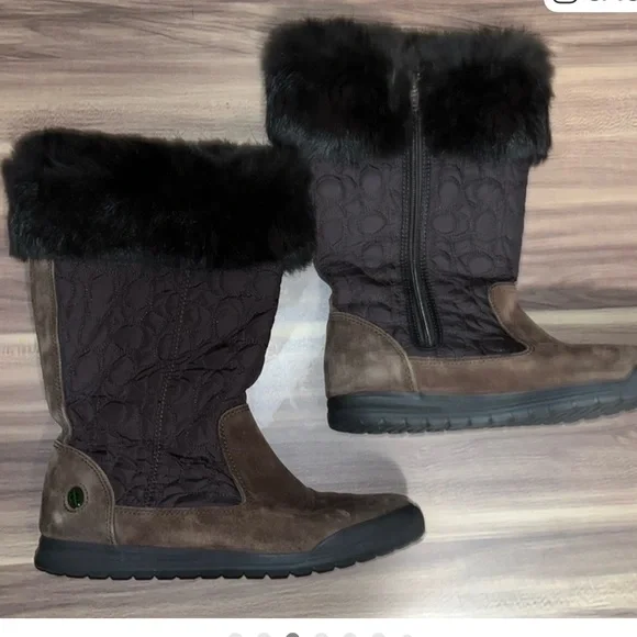 Coach Talen Brown monogram, rabbit Black Fur-Trimmed Boots - Picture 3 of 12